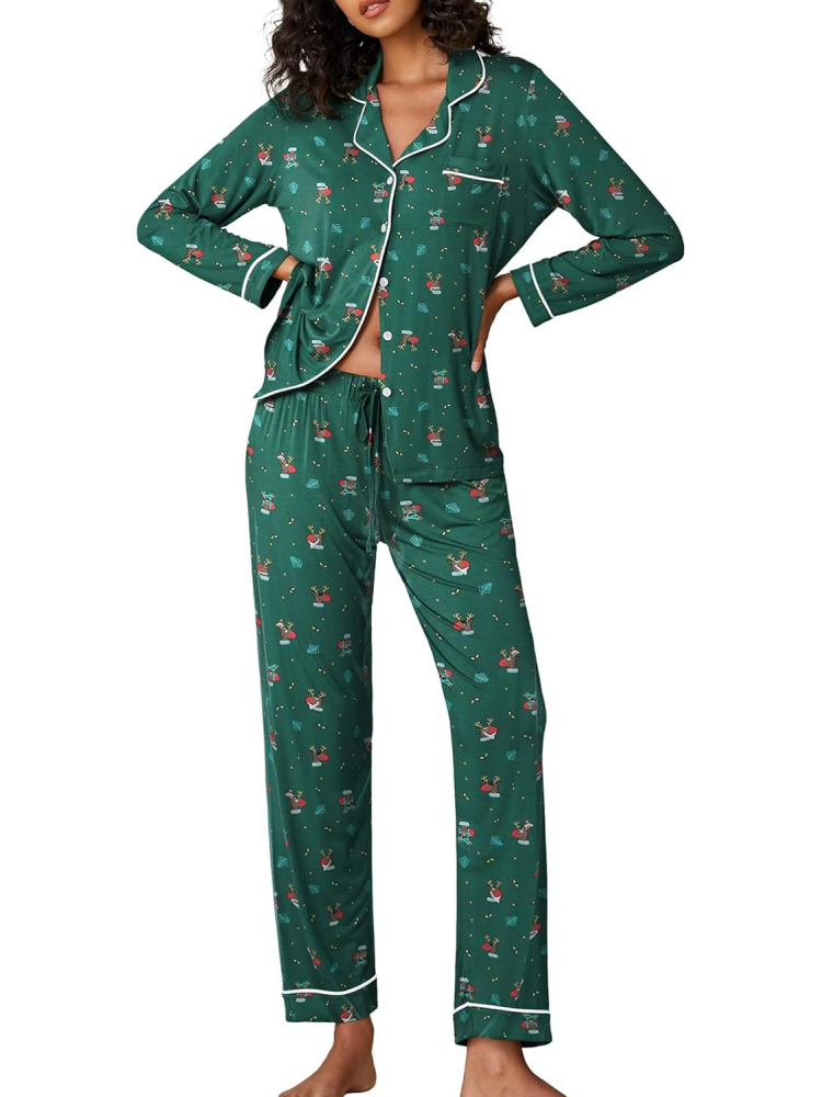 Women's Long-Sleeved Soft Button Christmas Loungewear Set