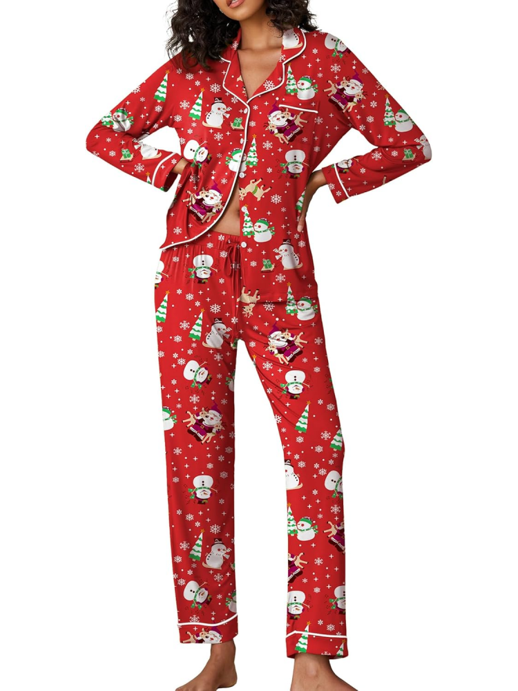 Women's Long-Sleeved Soft Button Christmas Loungewear Set