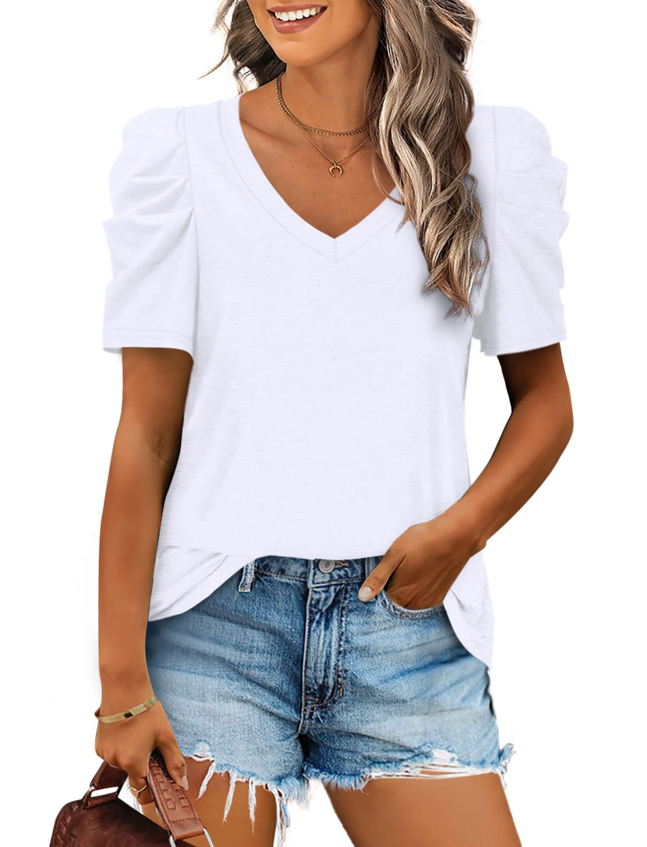 2025 Women's Summer V Neck Puff Sleeve Tshirts(BUY 2 10% off)