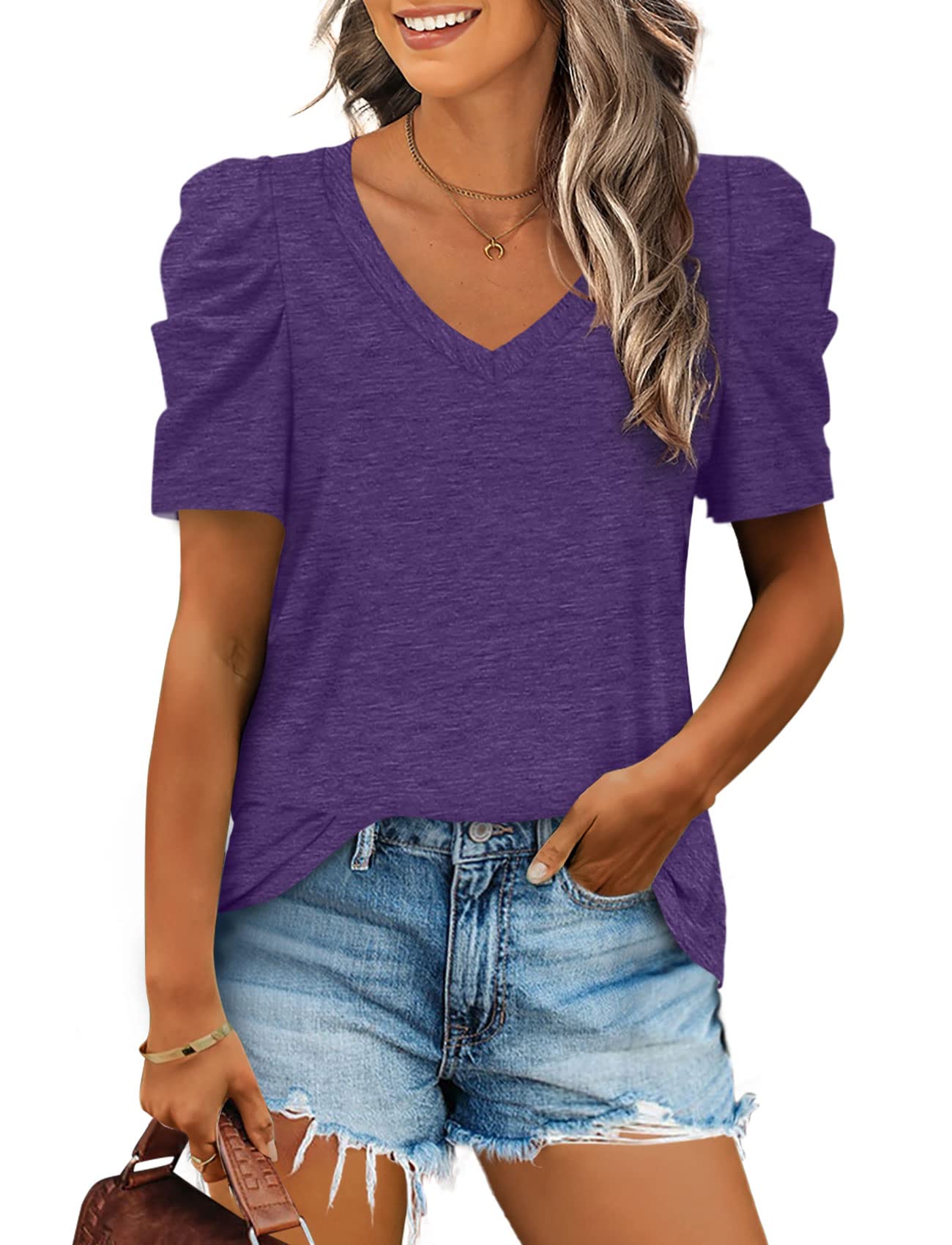 2025 Women's Summer V Neck Puff Sleeve Tshirts(BUY 2 10% off)