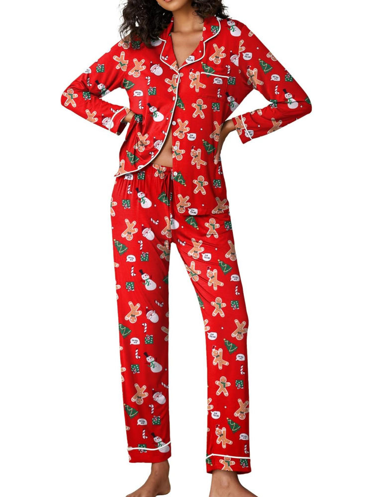 Women's Long-Sleeved Soft Button Christmas Loungewear Set