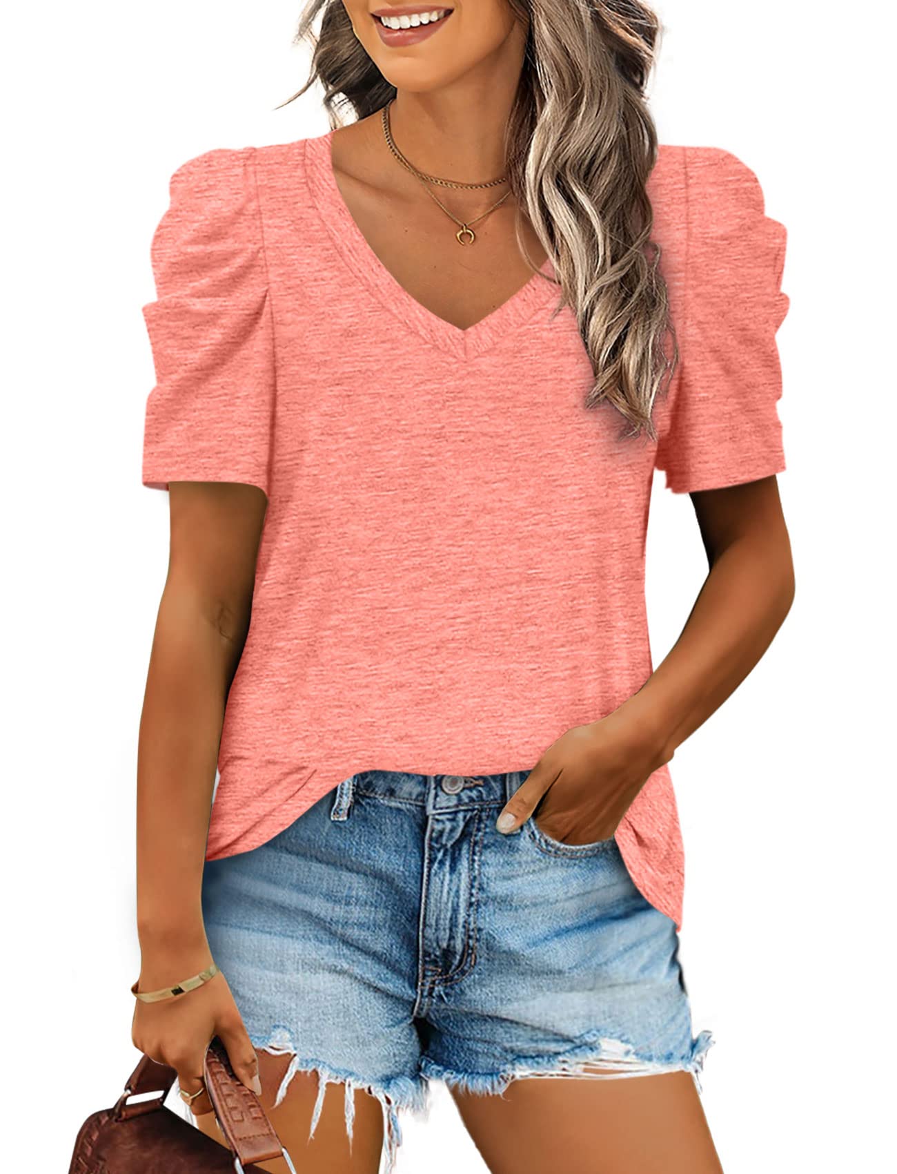 2025 Women's Summer V Neck Puff Sleeve Tshirts(BUY 2 10% off)