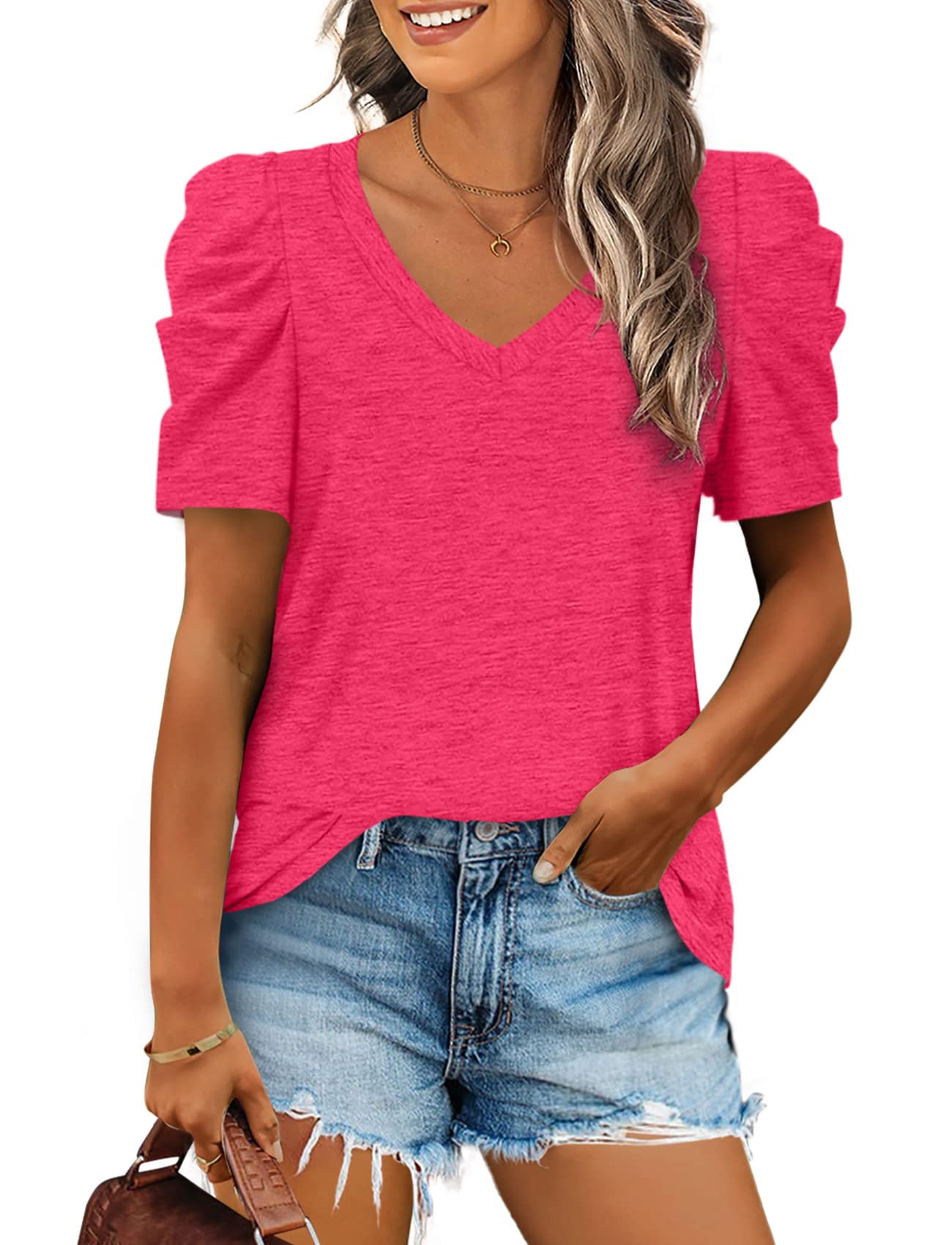 2025 Women's Summer V Neck Puff Sleeve Tshirts(BUY 2 10% off)