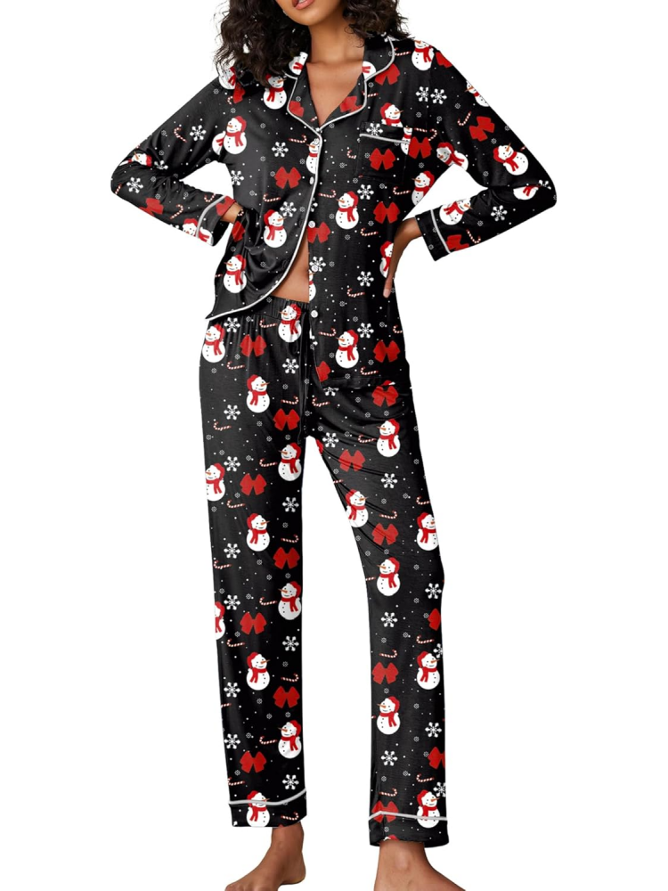 Women's Long-Sleeved Soft Button Christmas Loungewear Set