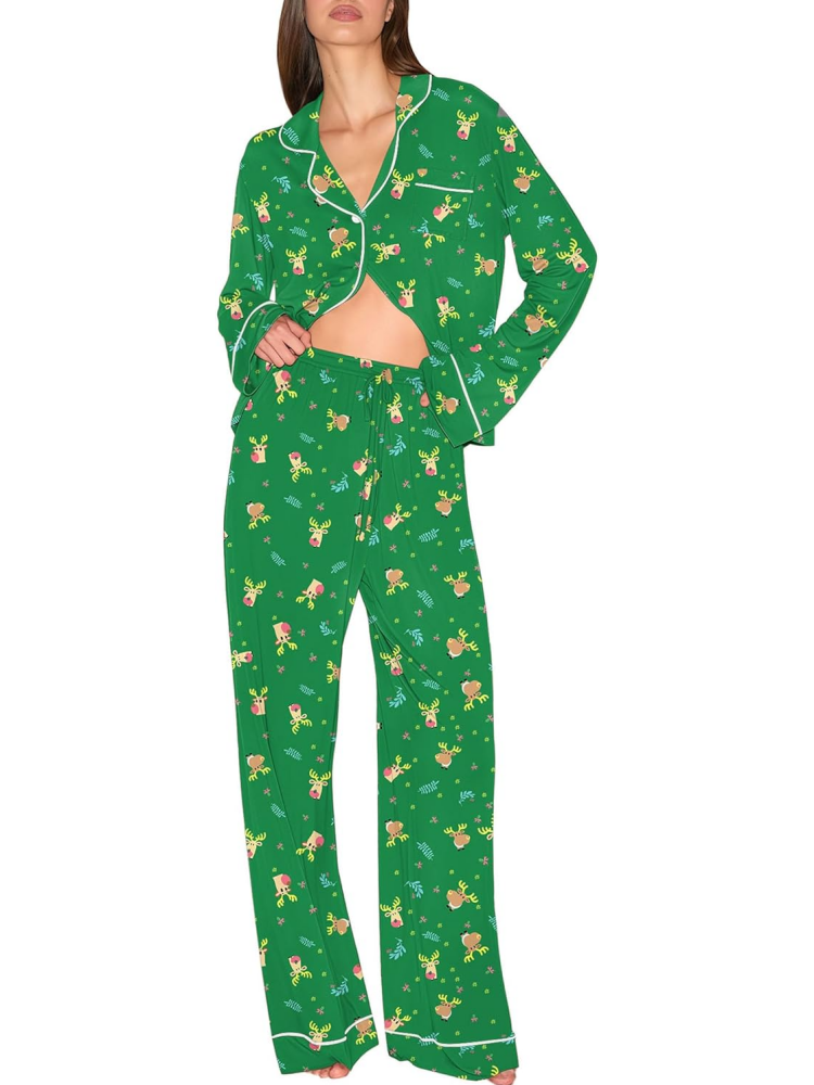 Women's Long-Sleeved Soft Button Christmas Loungewear Set