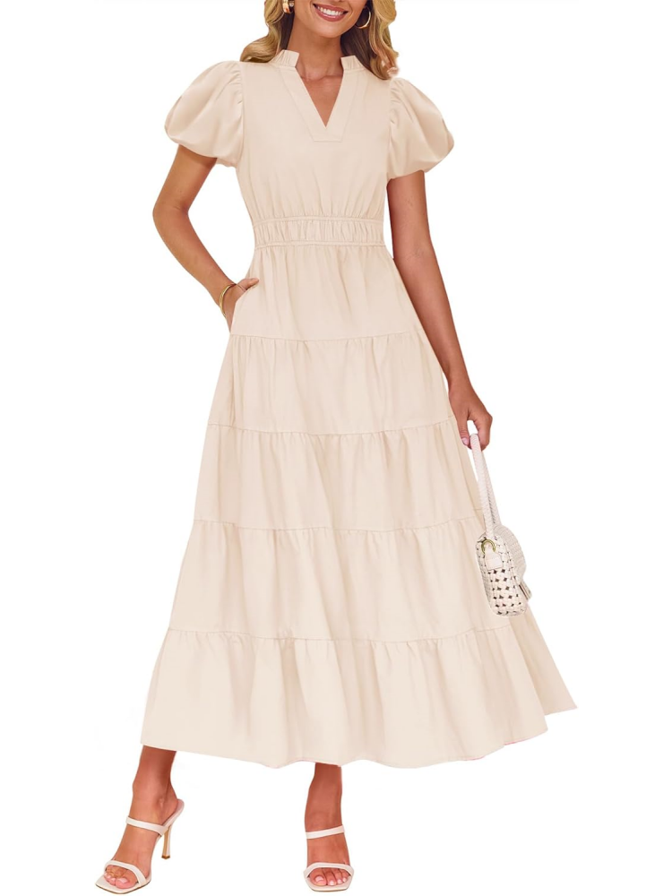 Women's Puff Short Sleeve V Neck Ruffle Tiered Flowy Boho Beach Dress