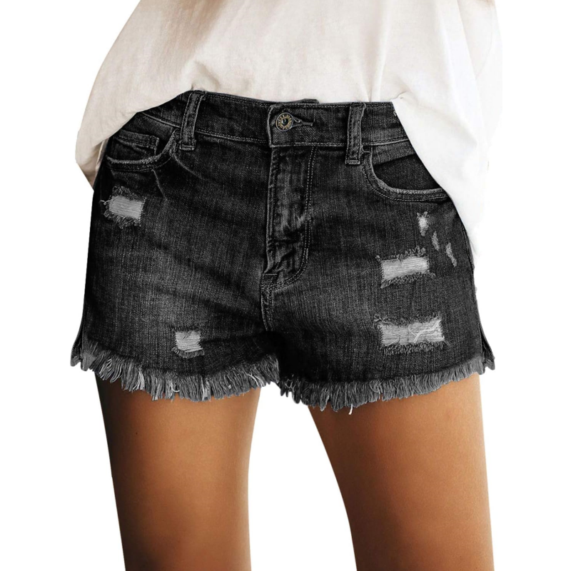 Women's Casual Mid Rise Stretch Ripped Raw Hem Denim Shorts