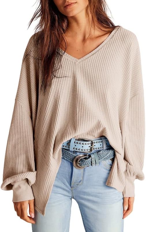 Waffle Knit Tops  Long Lantern Sleeve Casual Blouses