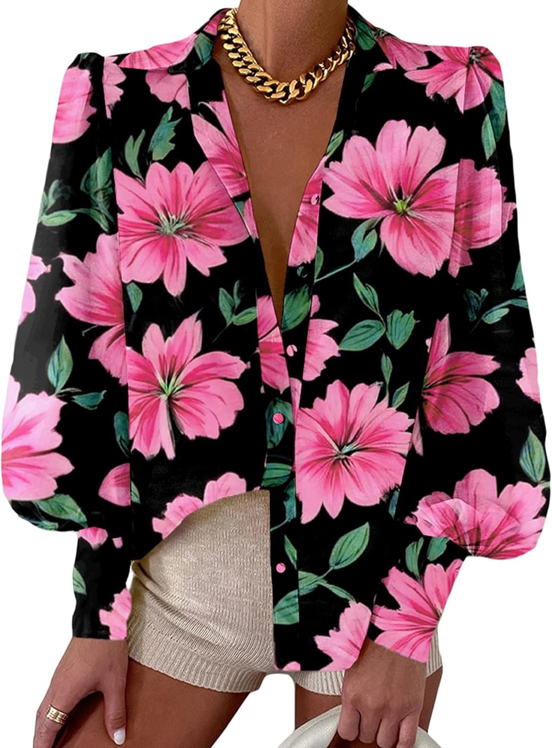 Women Fashion Button Down Lapel Printed Long Sleeve Blouses