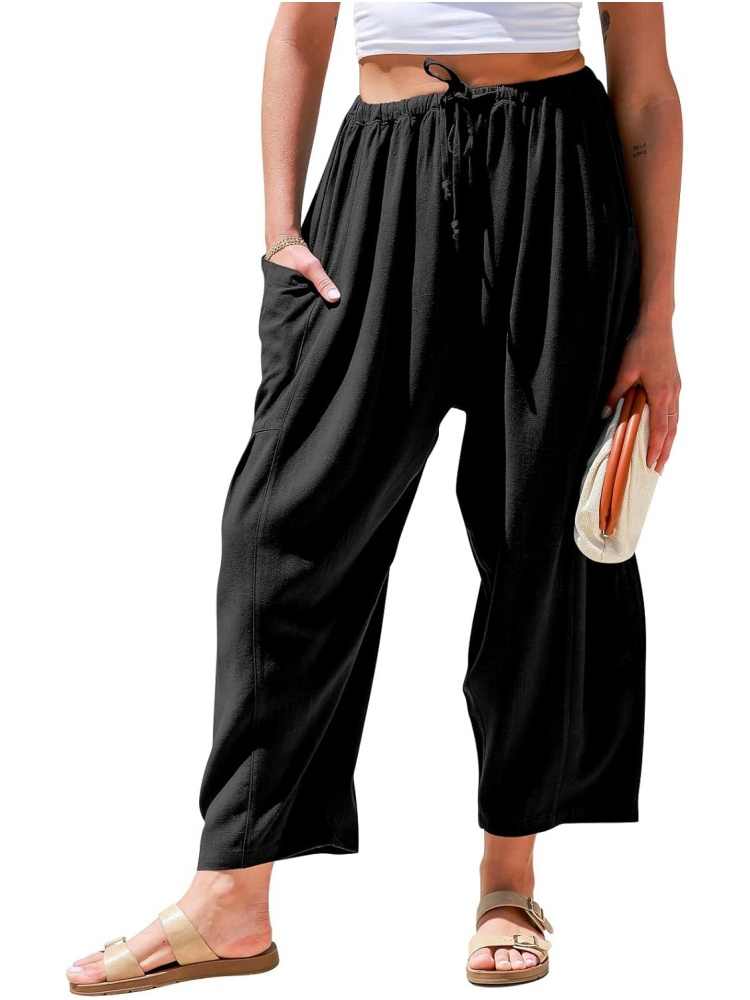 Womens Linen Drawstring Palazzo Harem Pants with Pockets