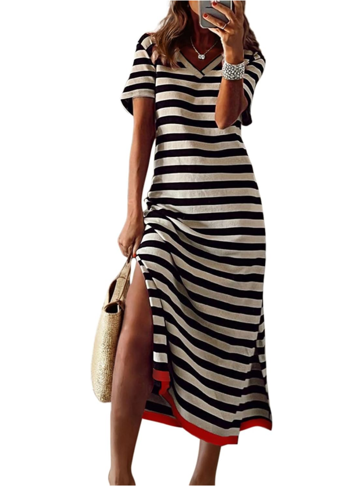 Womens Fashion Short Sleeve Striped Maxi Dress (BUY 2 FREE SHIPPING)