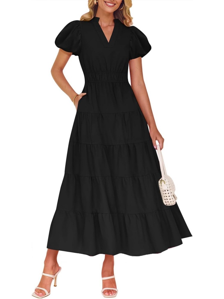 Women's Puff Short Sleeve V Neck Ruffle Tiered Flowy Boho Beach Dress