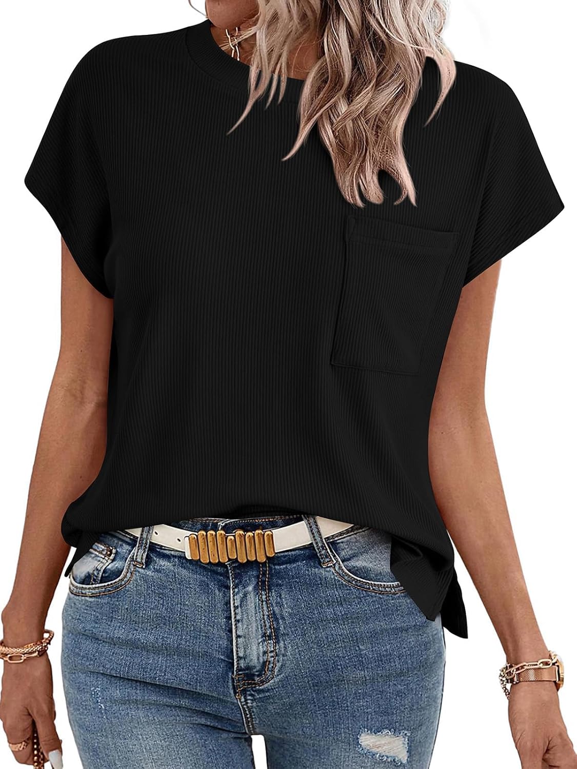 Womens Trendy Cap Sleeve Dressy Knit Side Slit Tops