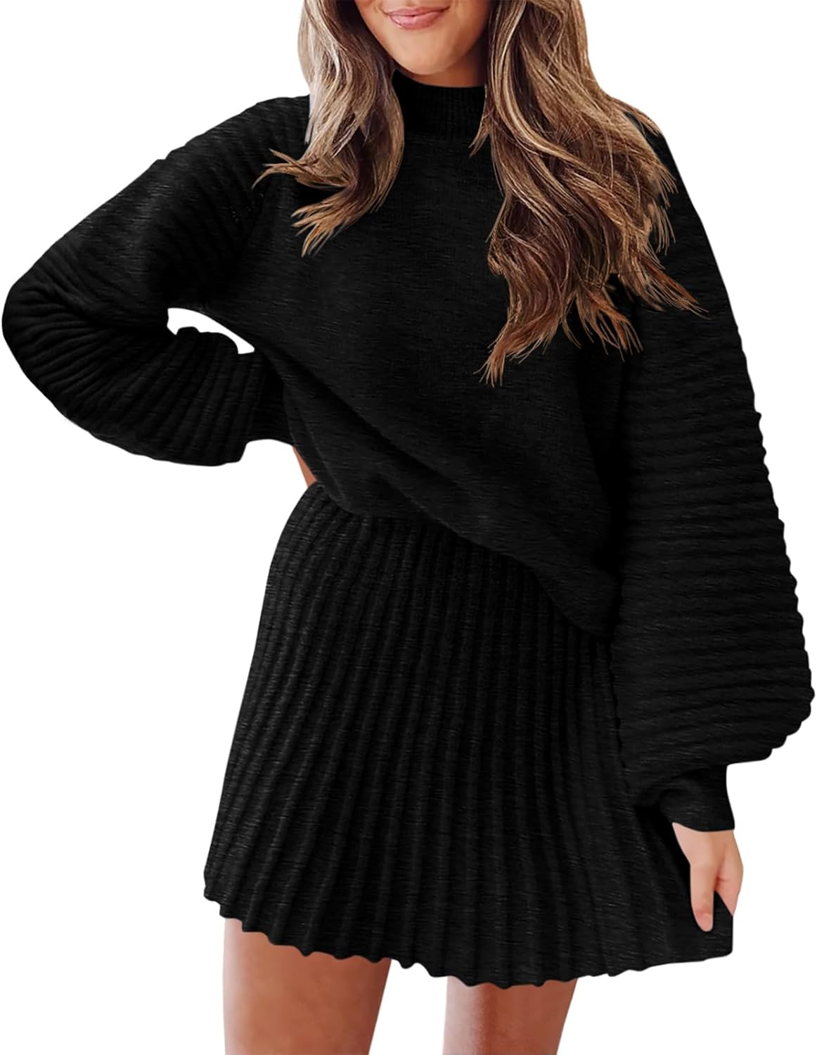 Women's Mock Neck Ribbed Sweaters and Mini Skirt Two Piece Sets