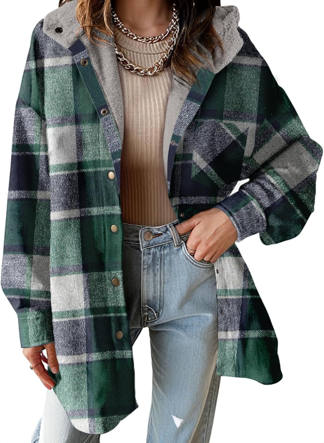 Women's Flannel Hooded Plaid Shacket Thick Coat Fuzzy Fleece Jacket(BUY 2 FREE SHIPPING)