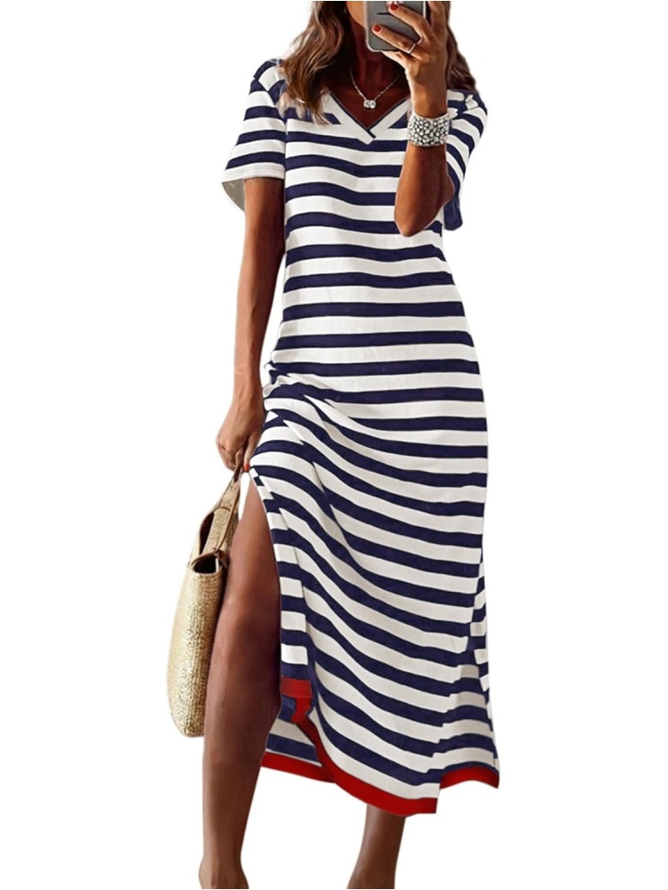Womens Fashion Short Sleeve Striped Maxi Dress (BUY 2 FREE SHIPPING)