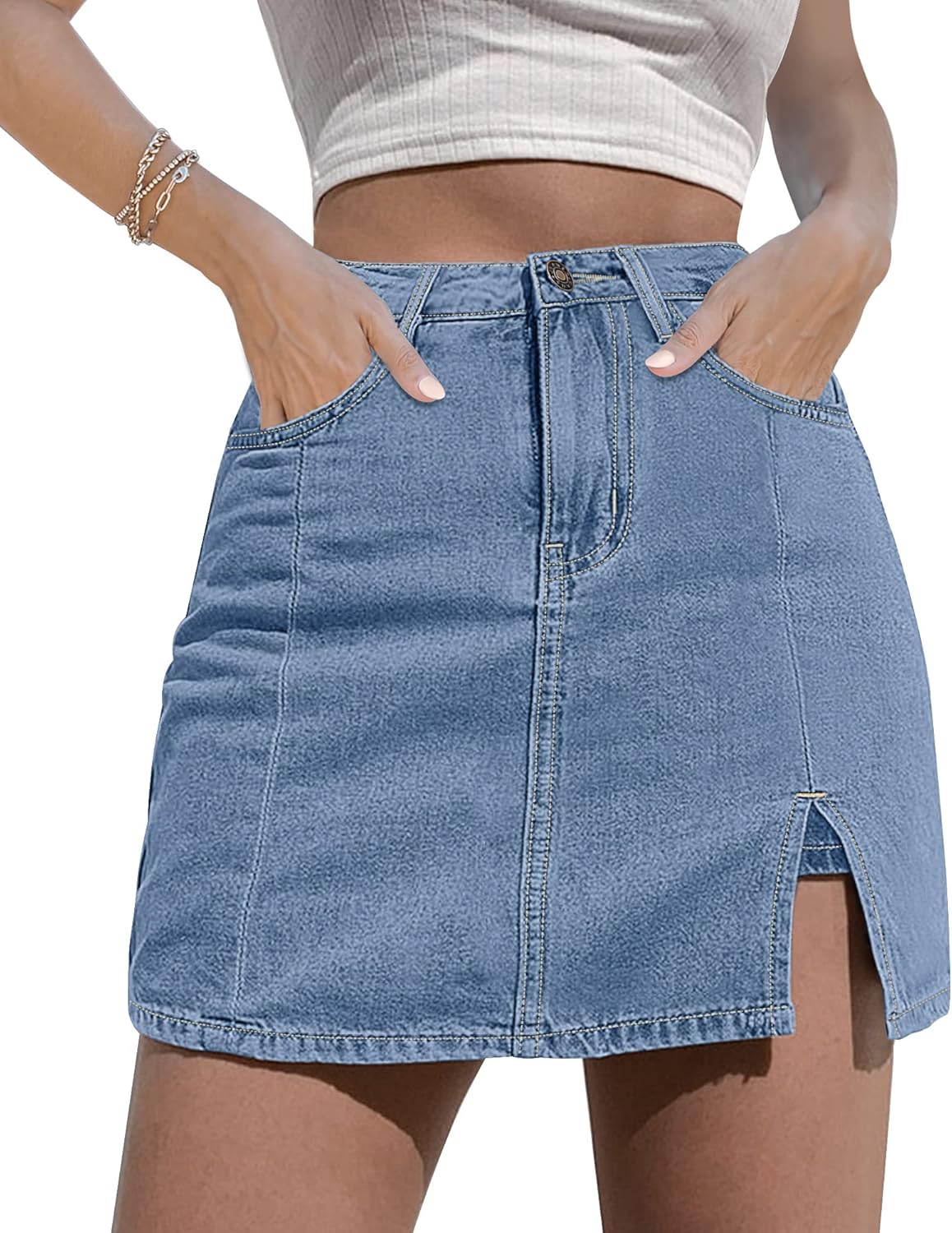 Women Denim Mini Skirt Side Slit with High Waisted Jean Shorts Stretchy