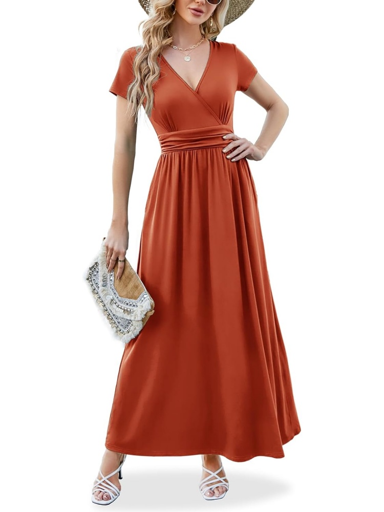 Women V Neck Empire Pleated Waist Elegant Long Dresses with Pockets