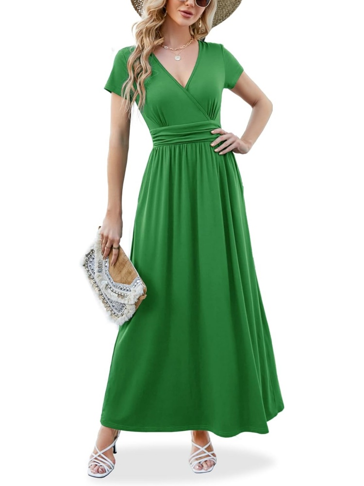 Women V Neck Empire Pleated Waist Elegant Long Dresses with Pockets