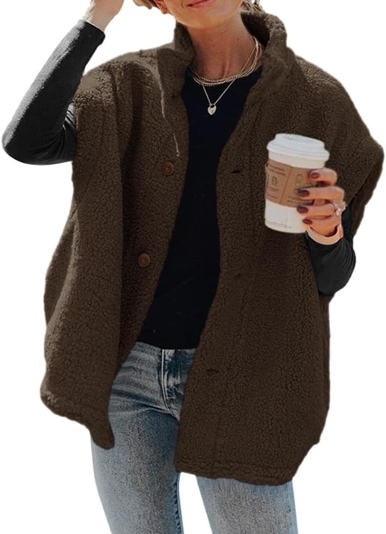 Women's Oversized Warm Button Down Sherpa Vest Jacket with Pockets