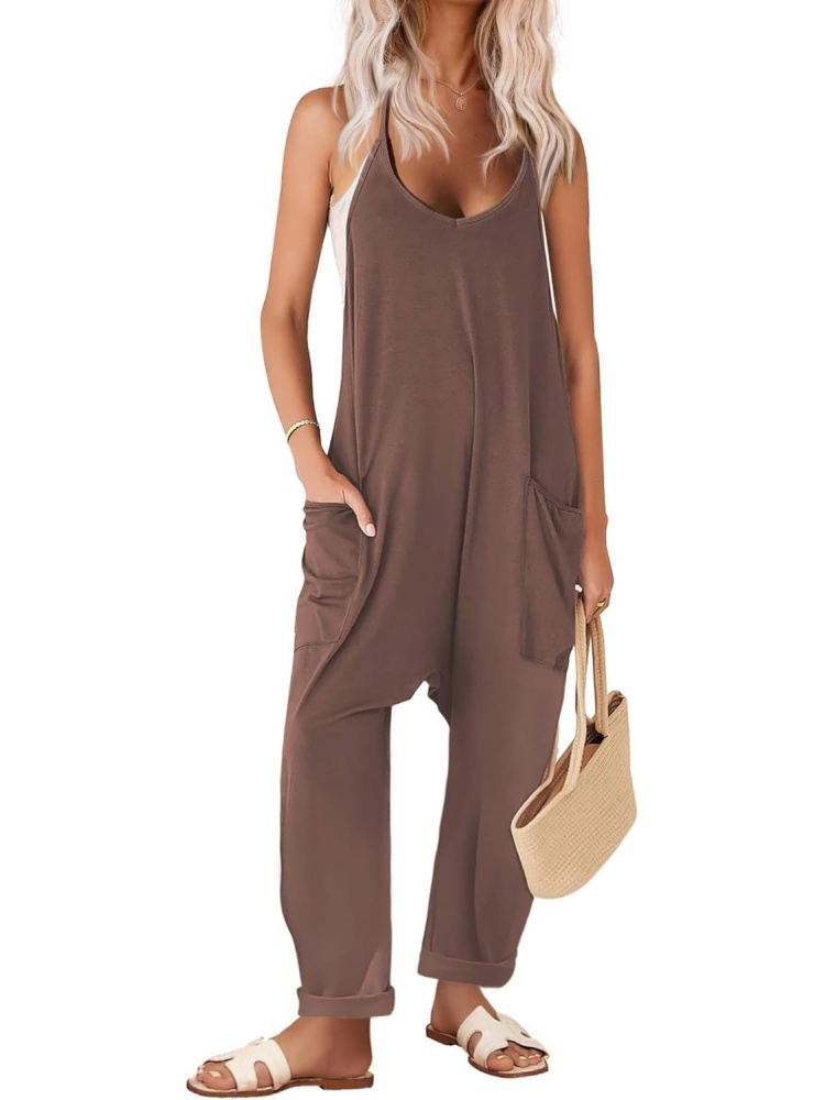Womens Loose Spaghetti Strap Baggy Overalls Rompers with Pockets