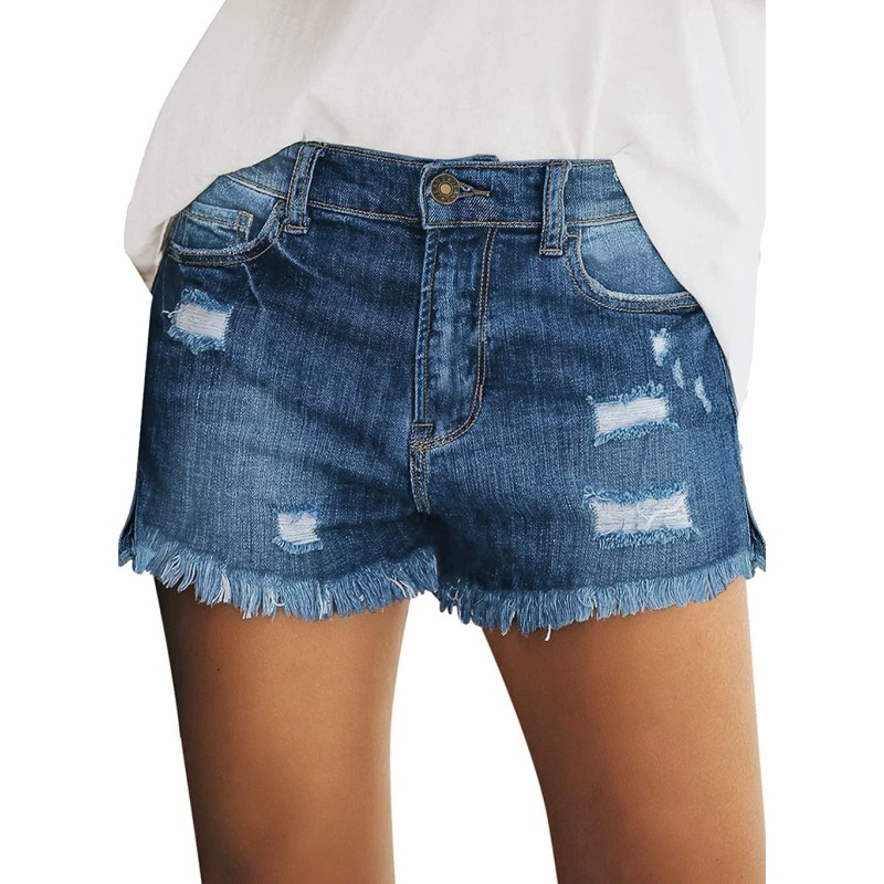 Women's Casual Mid Rise Stretch Ripped Raw Hem Denim Shorts