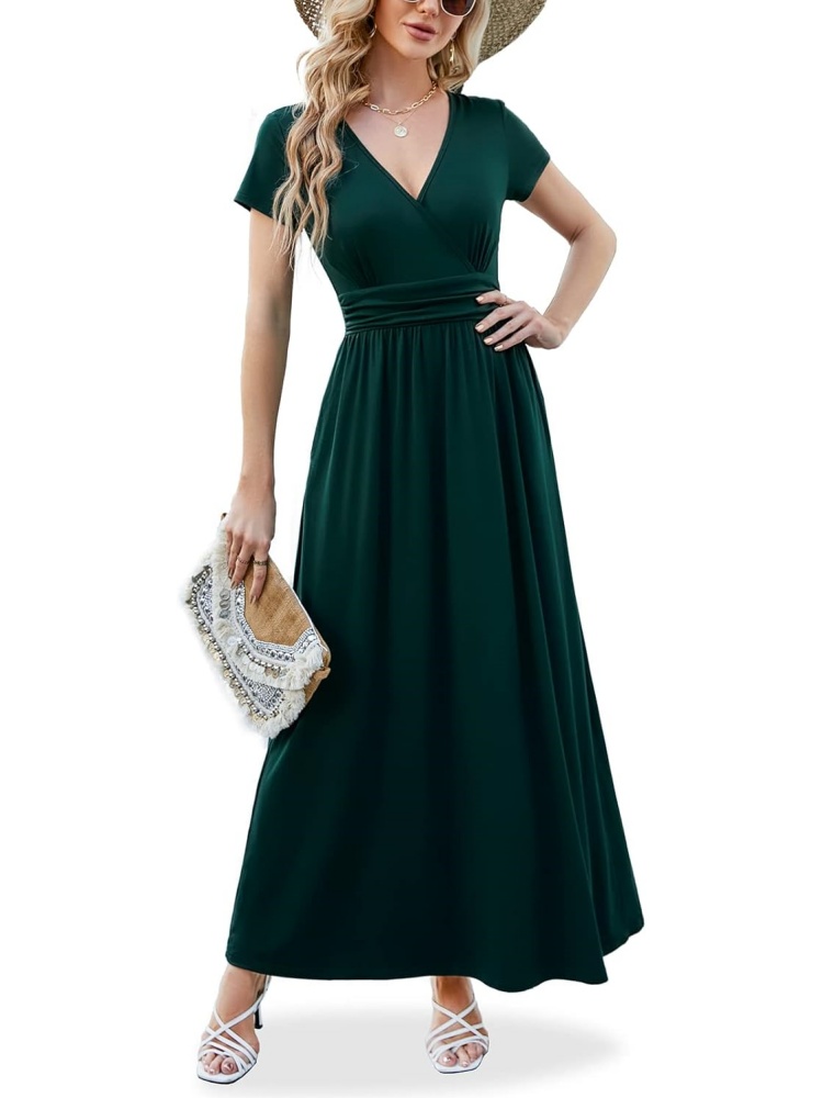 Women V Neck Empire Pleated Waist Elegant Long Dresses with Pockets