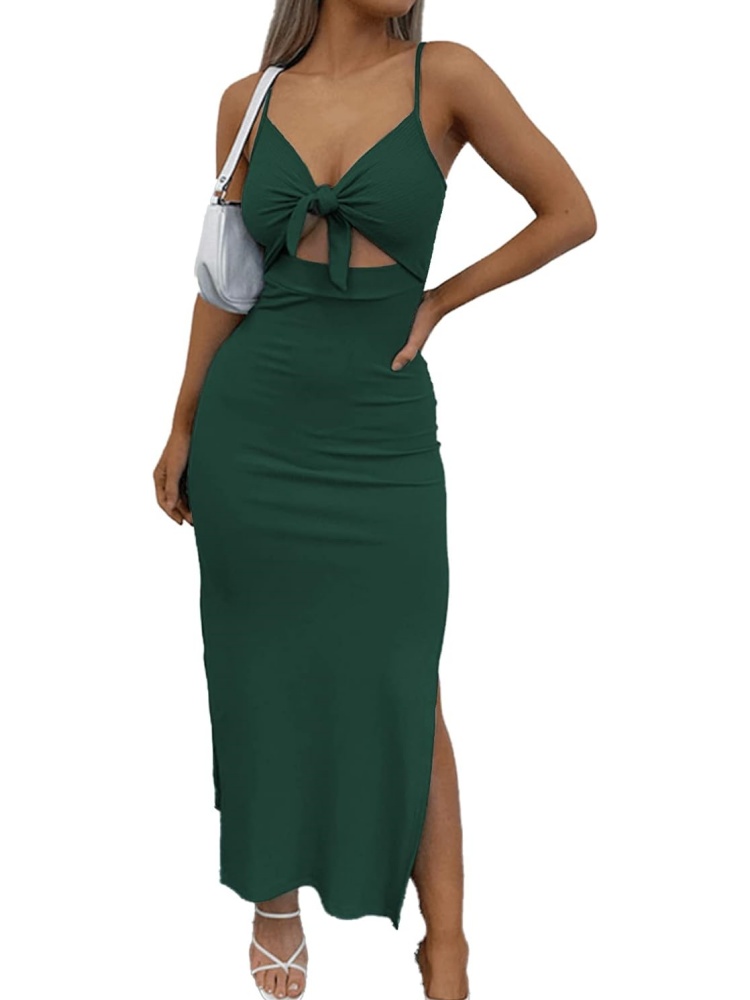Women's Tie Knot Cut Out Side Split Hem Sleeveless Knit Bodycon Maxi Dress