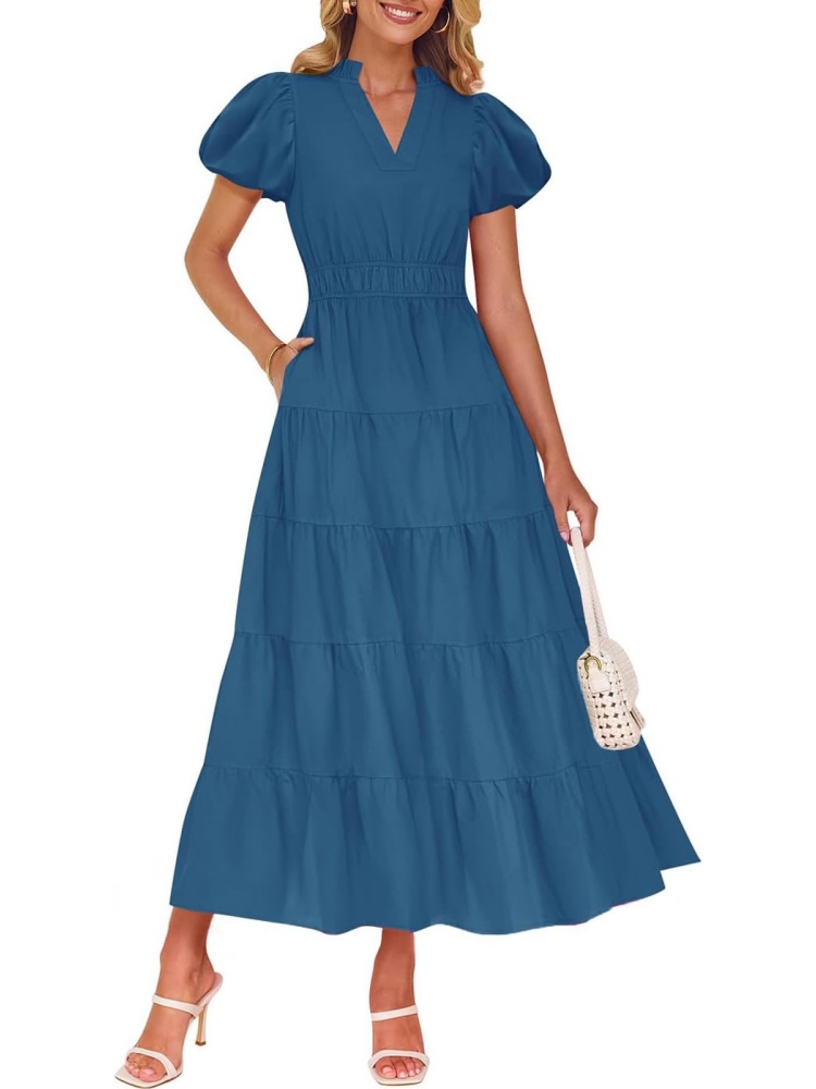 Women's Puff Short Sleeve V Neck Ruffle Tiered Flowy Boho Beach Dress