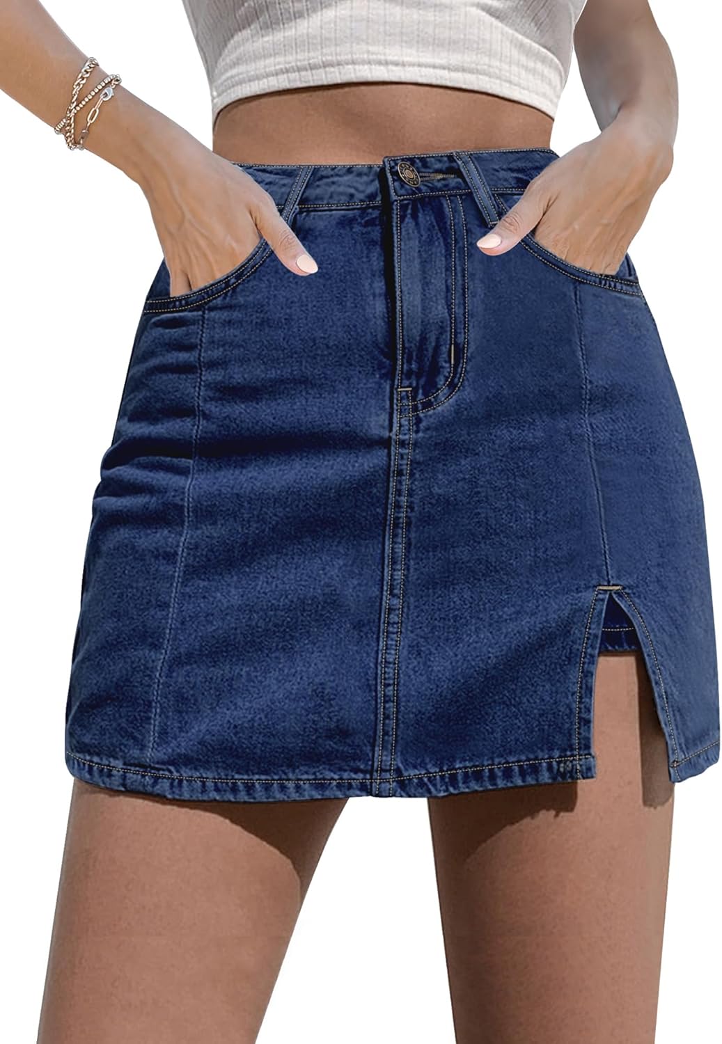 Women Denim Mini Skirt Side Slit with High Waisted Jean Shorts Stretchy