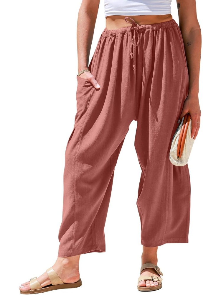 Womens Linen Drawstring Palazzo Harem Pants with Pockets