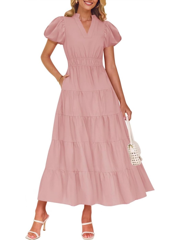 Women's Puff Short Sleeve V Neck Ruffle Tiered Flowy Boho Beach Dress