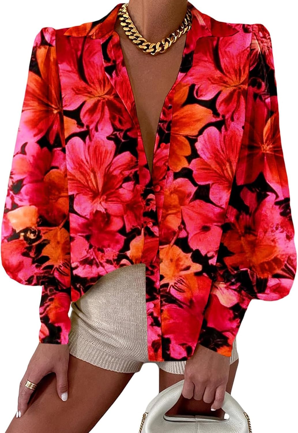 Women Fashion Button Down Lapel Printed Long Sleeve Blouses