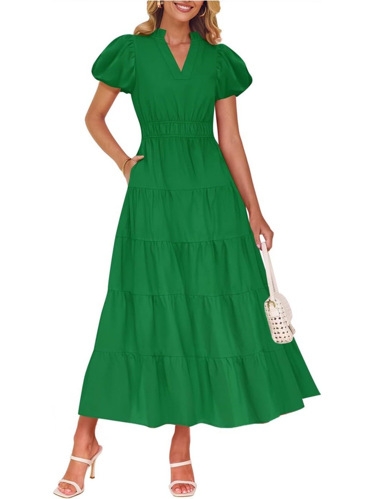 Women's Puff Short Sleeve V Neck Ruffle Tiered Flowy Boho Beach Dress