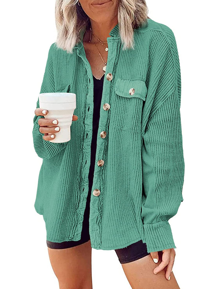 Women's Waffle Long Sleeve Button Down Shirt Jackets (buy 2 free shipping)