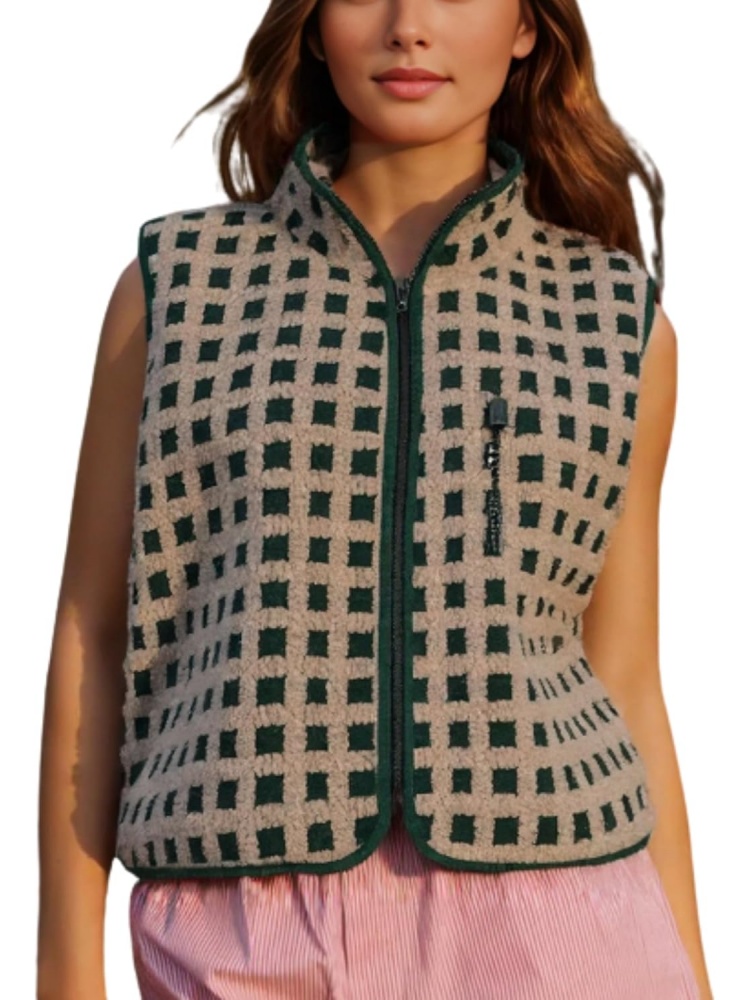 Womens Checkered Sherpa Vest With Pocket (buy 2 free shipping)
