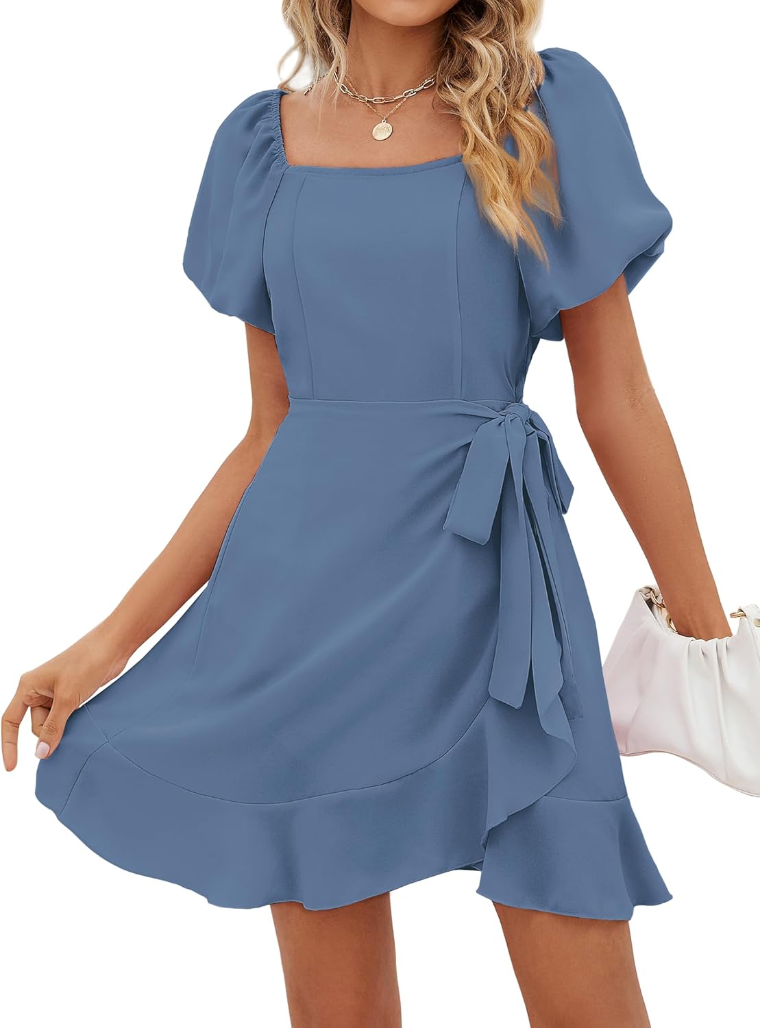 Womens Square Neck Puff Sleeve Tie Waist Short Dress (BUY 2 FREE SHIPPING)