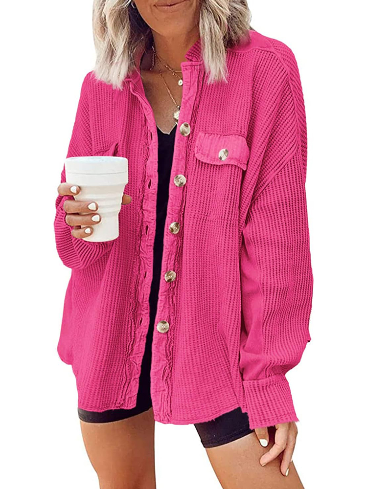 Women's Waffle Long Sleeve Button Down Shirt Jackets (buy 2 free shipping)