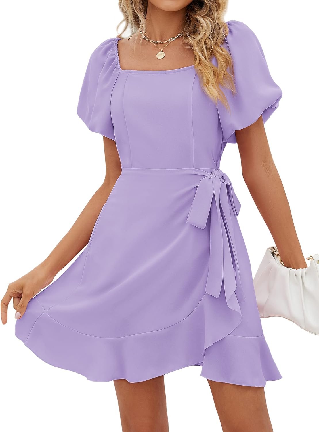 Womens Square Neck Puff Sleeve Tie Waist Short Dress (BUY 2 FREE SHIPPING)