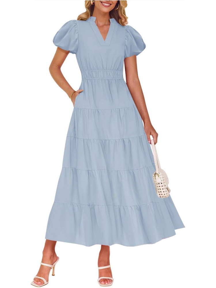 Women's Puff Short Sleeve V Neck Ruffle Tiered Flowy Boho Beach Dress