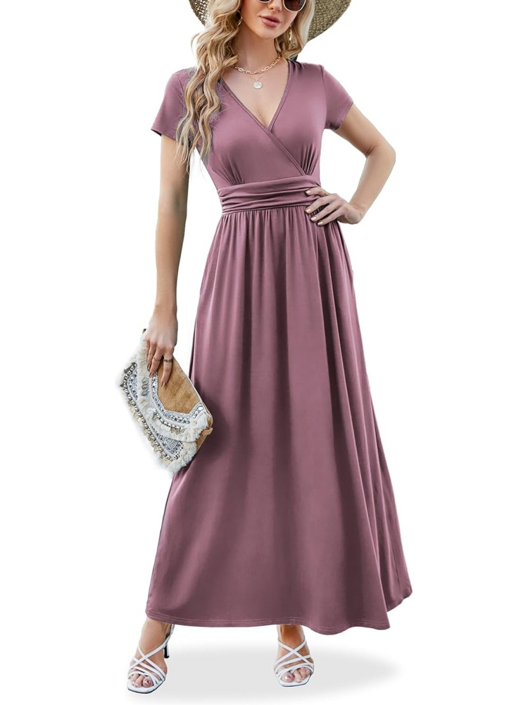 Women V Neck Empire Pleated Waist Elegant Long Dresses with Pockets