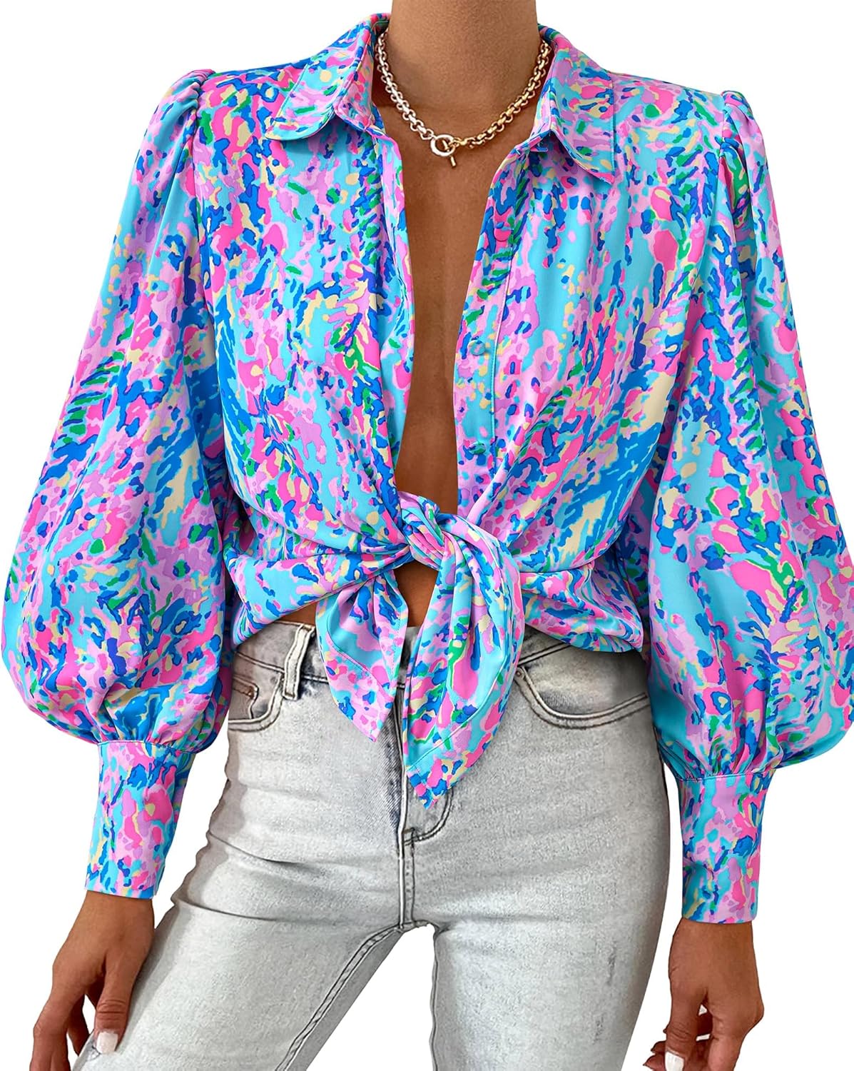 Women Fashion Button Down Lapel Printed Long Sleeve Blouses