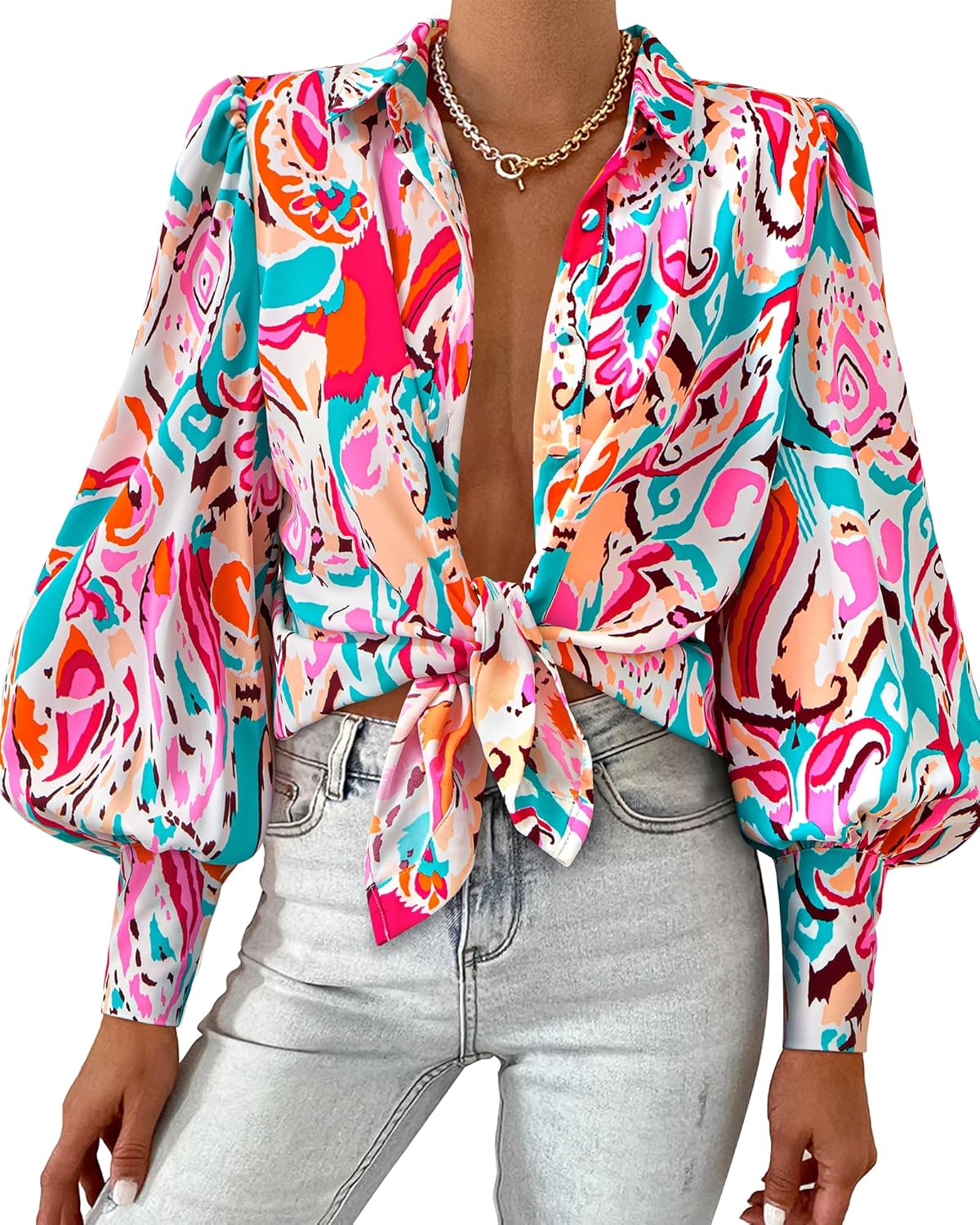 Women Fashion Button Down Lapel Printed Long Sleeve Blouses