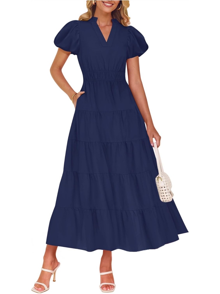 Women's Puff Short Sleeve V Neck Ruffle Tiered Flowy Boho Beach Dress