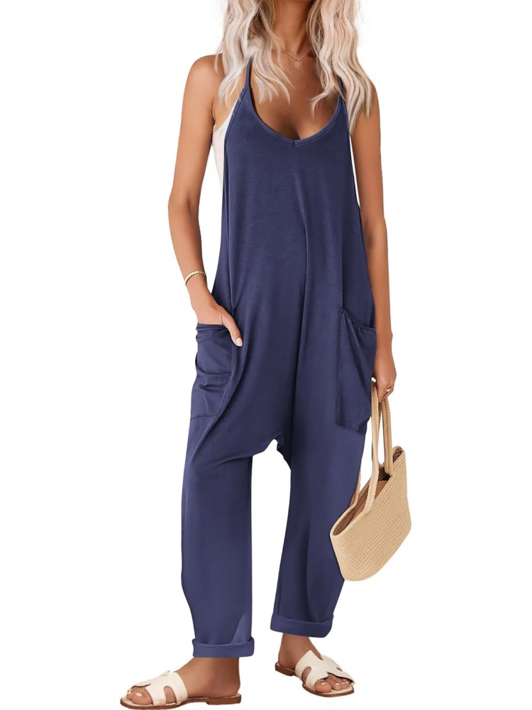 Womens Loose Spaghetti Strap Baggy Overalls Rompers with Pockets