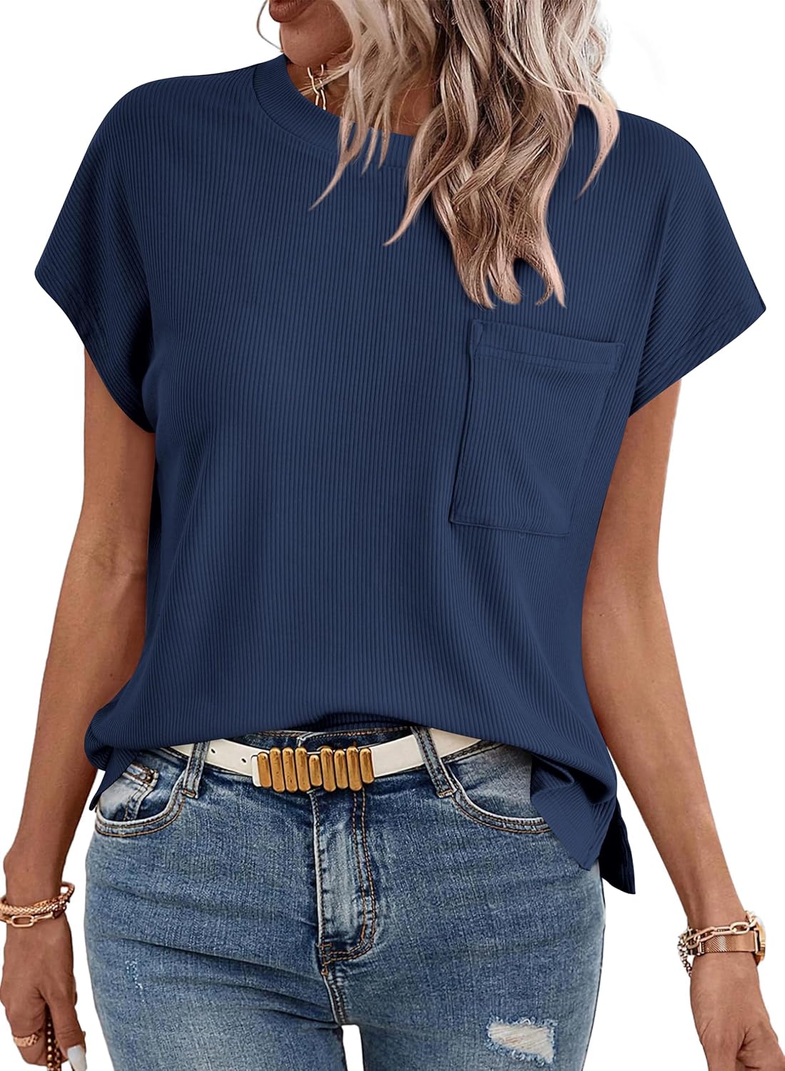 Womens Trendy Cap Sleeve Dressy Knit Side Slit Tops