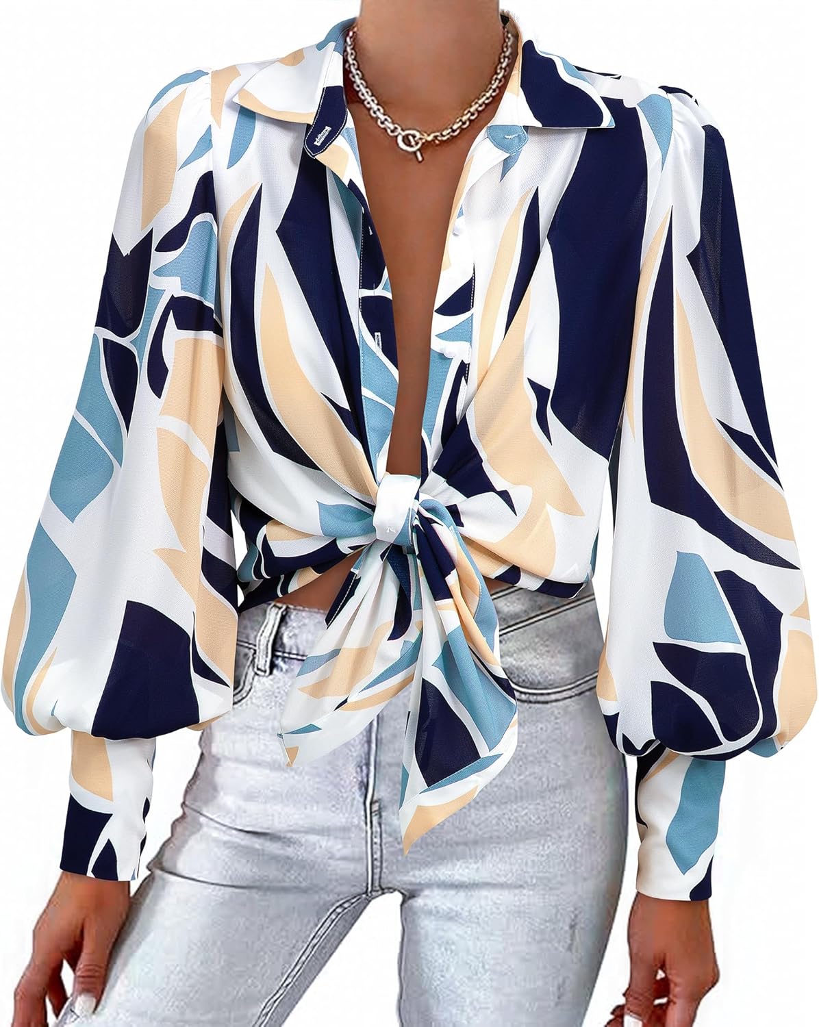 Women Fashion Button Down Lapel Printed Long Sleeve Blouses