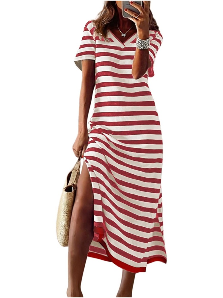 Womens Fashion Short Sleeve Striped Maxi Dress (BUY 2 FREE SHIPPING)
