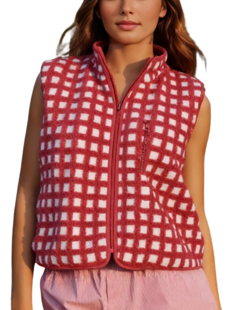 Womens Checkered Sherpa Vest With Pocket (buy 2 free shipping)