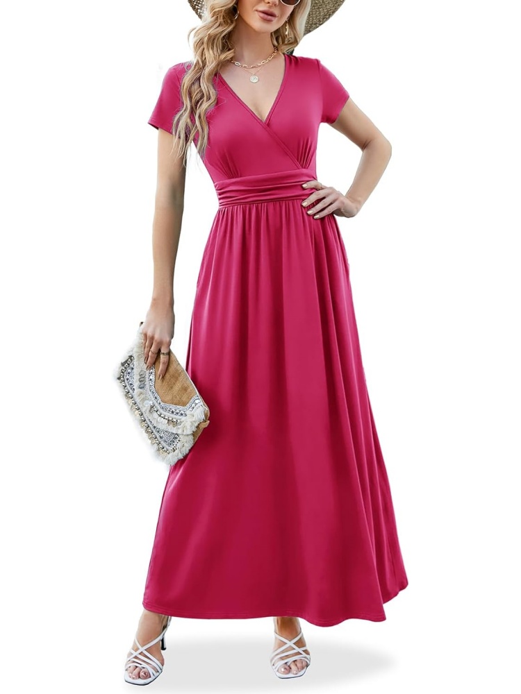Women V Neck Empire Pleated Waist Elegant Long Dresses with Pockets